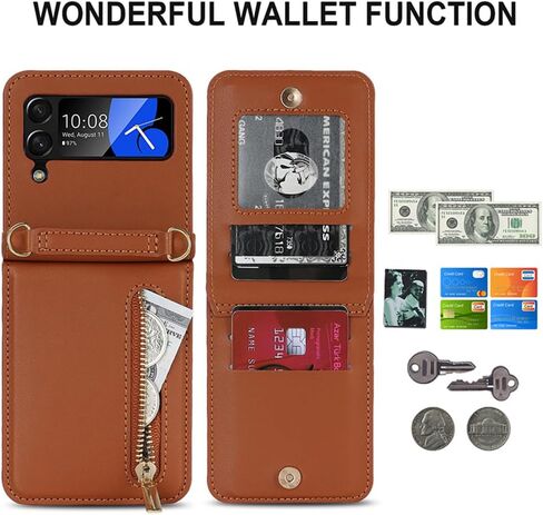 Pu Leather Case for Samsung Galaxy Z Flip 4,Zipper Case,Multifunctional Kickstand, Card Holder,Adjustable Shoulder Strap Flip Case Cover for Samsung Galaxy Z Flip 4 (Brown) in Saudi Arabia