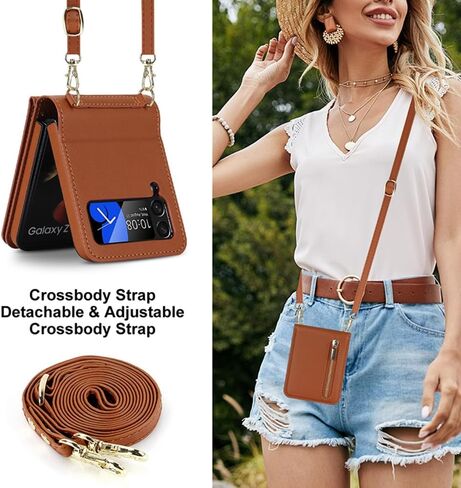 Pu Leather Case for Samsung Galaxy Z Flip 4,Zipper Case,Multifunctional Kickstand, Card Holder,Adjustable Shoulder Strap Flip Case Cover for Samsung Galaxy Z Flip 4 (Brown) in Saudi Arabia