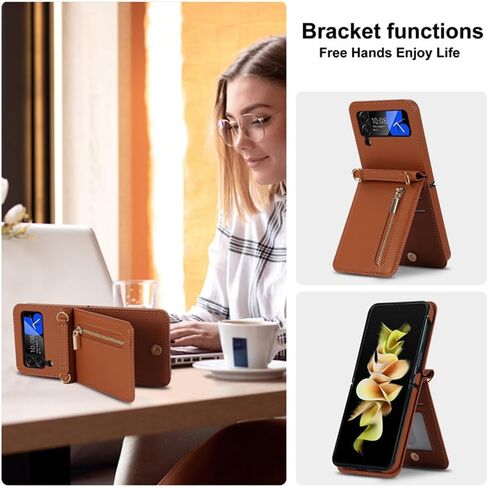 Pu Leather Case for Samsung Galaxy Z Flip 4,Zipper Case,Multifunctional Kickstand, Card Holder,Adjustable Shoulder Strap Flip Case Cover for Samsung Galaxy Z Flip 4 (Brown) in Saudi Arabia