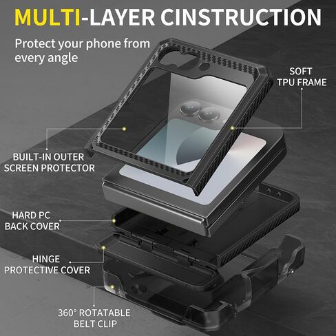 TONGATE for Z Flip 6 Case with Kickstand & Belt-Clip, [Hinge Protection Cover][Bulit-in Screen Protector] Military Grade Shockproof Phone Case for Samsung Galaxy Z Flip 6 5g 2024, Black in Saudi Arabia