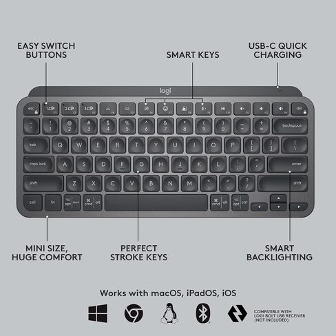 Logitech MX Keys Mini Keyboard and Lift Vertical Ergonomic Mouse Combo - Wireless, Backlit Keys, Bluetooth or Logi Bolt USB receiver, Quiet, Windows/macOS/iPadOS, Laptop, PC - Graphite in Saudi Arabia