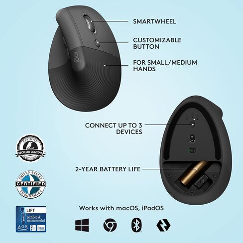 Logitech MX Keys Mini Keyboard and Lift Vertical Ergonomic Mouse Combo - Wireless, Backlit Keys, Bluetooth or Logi Bolt USB receiver, Quiet, Windows/macOS/iPadOS, Laptop, PC - Graphite in Saudi Arabia