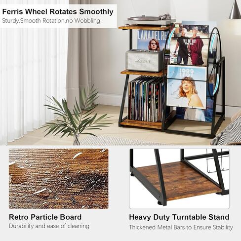 Record Player Stand with Ferris Wheel for Vinyl Display, Turntable Stand with Vinyl Storage Shelf,Record Cabinet, Vintage Record Player Table for Living Room, Bedroom, Studio (Retro) in Kuwait