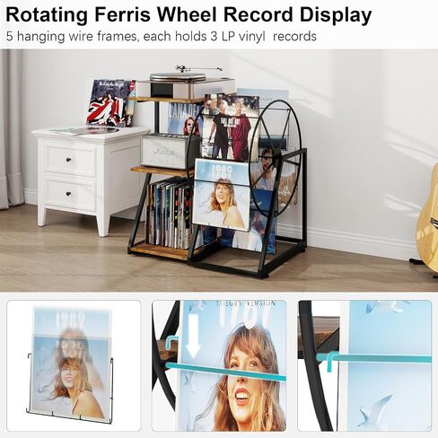 Record Player Stand with Ferris Wheel for Vinyl Display, Turntable Stand with Vinyl Storage Shelf,Record Cabinet, Vintage Record Player Table for Living Room, Bedroom, Studio (Retro) in Kuwait