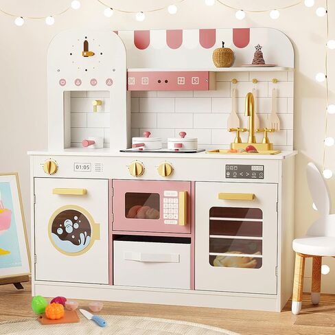 BIERUM Play Kitchen with Realistic Lights & Sounds, Wooden Kitchen Playset for Toddlers, Toy Kitchen with 26 Pcs Toy Food & Cookware Accessories, Gift for Boys & Gilrs Ages 3+ in Saudi Arabia