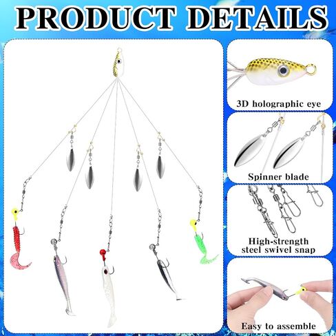 2 Pcs Umbrella Rig Fishing Lure Bass Bait Kit 5 Arms Baits Multi Lure Rigs for Trout Perch Walleye Freshwater Saltwater Boat Trolling in Saudi Arabia