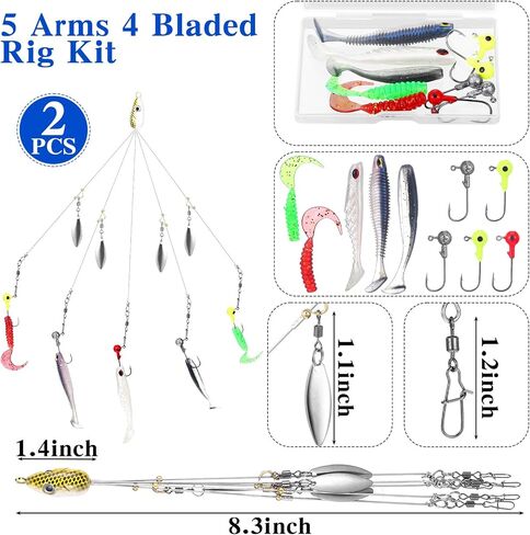 2 Pcs Umbrella Rig Fishing Lure Bass Bait Kit 5 Arms Baits Multi Lure Rigs for Trout Perch Walleye Freshwater Saltwater Boat Trolling in Saudi Arabia