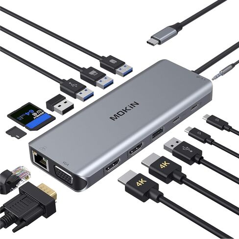 USB C Station Station Dual Swators 13 in 1 Triple Display USB C Hub لنظام التشغيل Windows مع HDMI 4K ، DP ، شاحن PD ، Gigabit Ethernet ، 5 منافذ USB ، قارئ بطاقة SD/TF ، MIC/Audio لـ Lenovo HP Dell XPS in Kuwait