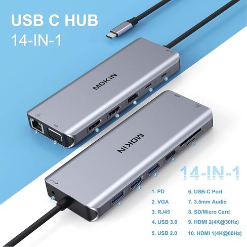 USB C Station Station Dual Swators 13 in 1 Triple Display USB C Hub لنظام التشغيل Windows مع HDMI 4K ، DP ، شاحن PD ، Gigabit Ethernet ، 5 منافذ USB ، قارئ بطاقة SD/TF ، MIC/Audio لـ Lenovo HP Dell XPS in Kuwait