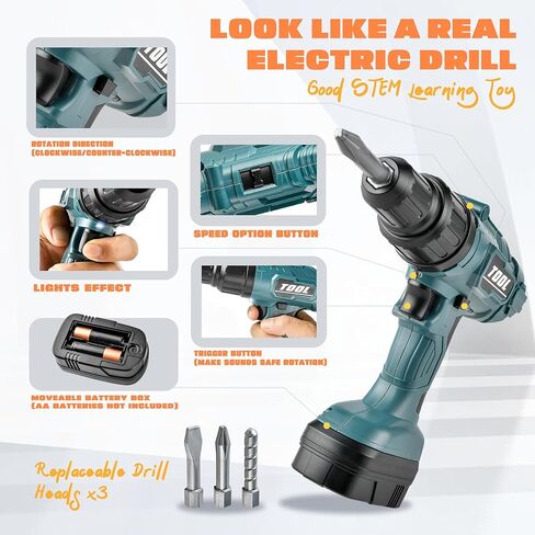 Bellochiddo Electric Toy Drill - Pray Play Power Tools Set - Construction Toddler Tool With With Wresistic Light و Sound - Preschool Gift for Boys & Girls (Red) in Kuwait