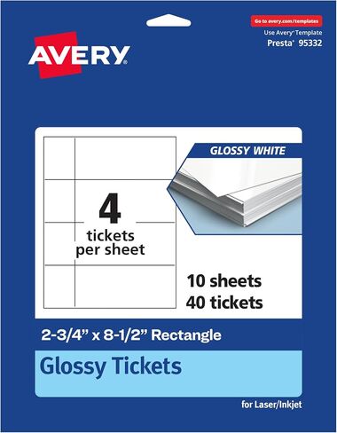 Avery Printable Rectangle Tickets, 2-3/4" x 8-1/2", Glossy White Cardstock, Laser/Inkjet, 100 Total in Saudi Arabia