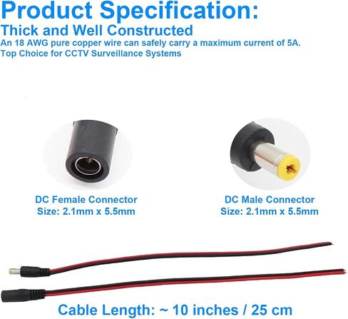 (Real 18awg) 1 أزواج 12V 5A DC Power Powtail Barrel Coll Cable Cable ، 2.1mm × 5.5 مم أنثى موصلات DC DC للكاميرا الأمنية CCTV ومحول إمدادات الطاقة 12 فولت (1 ذكر+1 أنثى) in Kuwait