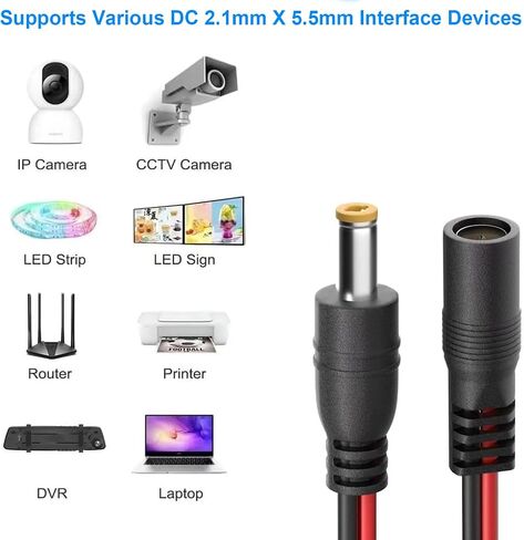 (Real 18awg) 1 أزواج 12V 5A DC Power Powtail Barrel Coll Cable Cable ، 2.1mm × 5.5 مم أنثى موصلات DC DC للكاميرا الأمنية CCTV ومحول إمدادات الطاقة 12 فولت (1 ذكر+1 أنثى) in Kuwait