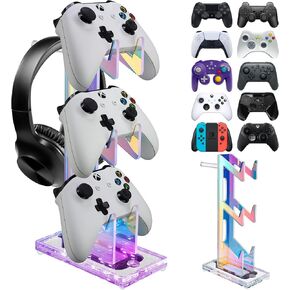 NiHome Iridescent Acrylic Multi-Tier Game Controller & Headset Holder Stand with Customizable LED Lighting, USB-Powered 7 Colors & 3 Modes, Anti-Slip Gaming Desk Organizer & Cable Management (3 Tiers)