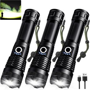 3 Pack Rechargeable LED Flashlights High Lumens, 990,000LM Super Bright Flashlight, Adjustable 5 Modes Powerful Flash Light with USB Cable, Waterproof Handheld Flashlight for Home Camping Emergencies