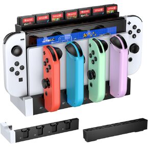 FastSnail Charger Compatible with Nintendo Switch for Joy con, Charging Dock Stand Station Base and Game Card Storage Holder with 28 Game Card Slots for Nintendo Switch (White)
