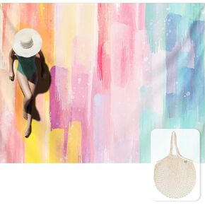 Silky Soft 108"x84" Sand Proof Beach Blanket Sand Proof Mat with Corner Pockets and Fashion Mesh Bag for Beach Party, Travel, Camping and Outdoor Music Festival, Oil Paint Rainbow