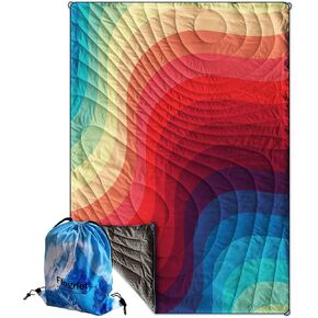 Packable Camping Blanket Puffy Soft Lightweight Water Resistant Windproof Double Sided Gradual Color Bands High Loft Insulation Includes Oversized Drawstring Backpack for Travel Outdoor Events