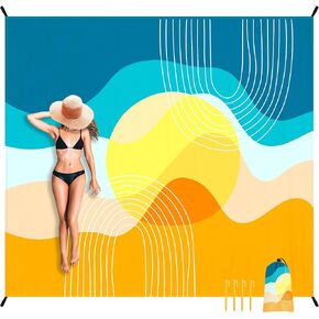 Sunset Beach Blanket, Extra Large Waterproof Sandproof Beach Mat with Storage Bag & Stakes, Washable Quick Dry Picnic Blanket with Abstract Ocean Wave Design, Portable Outdoor Mat for Travel, Camping