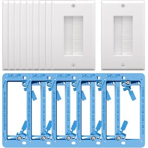 VCE Brush Wall Plate 10-Pack(White) Bundle with Low Voltage Mounting Bracket Single Gang Wall Plate, Flush Low Voltage Box for Network, HDMI, Coaxial, Speaker, Telephone Cables, Blue, 5 Pack