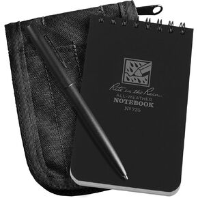 Rite in the Rain Weatherproof 3" x 5" Top Spiral Notebook Kit: Black CORDURA Fabric Cover, 3" x 5" Black Notebook, and Weatherproof Pen (No. 735B-KITL)
