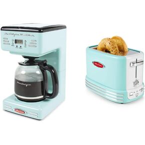 Nostalgia Retro 12-Cup Programmable Coffee Maker + Wide 2-Slice Toaster, Vintage Design