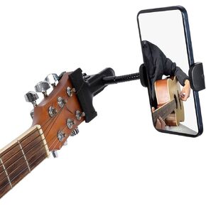 Guitar Head Phone Holder Mount for Live Broadcast/Viewing Lessons, Cell Phone Stand Clamp with Adjustable Gooseneck for Guitar/Electric Guitar/Bass/Ukulele, Fit for iPhone and All 4.5-7″ Phones