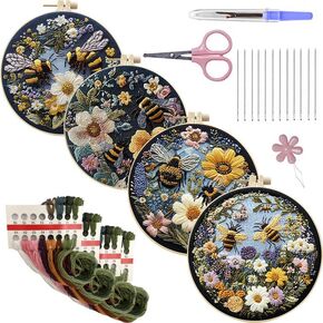 LB 4 Pack Cute Dog Flower Embroidery Kit for Beginners Funny Animal Beginner Embroidery Kit for Adults DIY Starter Kit with Embroidery Hoop Colorful Threads Tools Step by Step Video Instructions