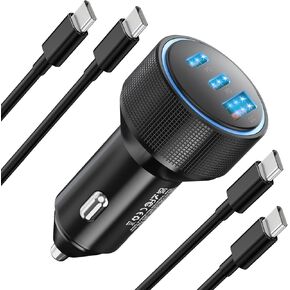 لشاحن iPhone 15/16 Pro Max Car Charger ، 72W 3-Port Fast USB C Char Charger Adapter مع محول ولاعة سجائر مع 2x3ft USB C To C Cable for iPhone 15/15 Plus/15 Pro Max/16/16 Pro Max ، iPad Pro/Air/Mini