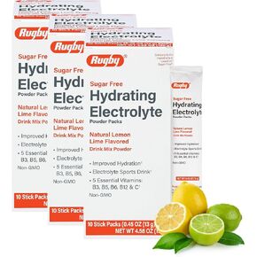 Rugby Hydrating Electrolyte Powder Packs - Drink Mix Powder Packets with 5 Vitamins - Improved Hydration - Natural Lemon-Lime Flavor - 10 Stick Packs - 0.56 Oz Each (1 Pack)