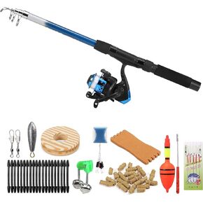 Telescopic Pole, Fishing Rod and Reel Combo Full Kit 1.8m Telescopic Fishing Rod Pole and Spinning Reel Set with Lures Swivels Bell Float Hair Rigs Fishing Accessories