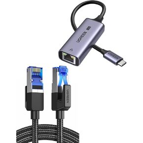 UGREEN Cat 8 Ethernet Cable 6FT High Speed Braided 40Gbps 2000Mhz Network Cord Bundle with USB C to Ethernet Adapter 2.5G Compatible for Laptop