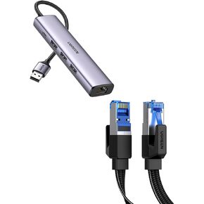 UGREEN Cat 8 Ethernet Cable 3FT Flat High Speed 40Gbps 2000Mhz Internet Cable Bundle with USB 3.0 to Ethernet Adapter 5 in 1 Multiport Hub