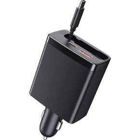 Laptop Car Charger Adapter,Car Charger with Single Retractable Charging Cables,3 in 1 Fast Car Phone Charger, USB-A,Type-C and Type-C Telescopic Cable Interface Car Charger Adapter-3ft