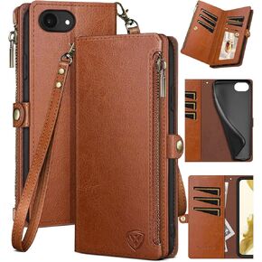 XcaseBar Compatible with ‌iPhone 16e 6.1" Wallet case with Zipper Credit Card Holder【RFID Blocking】,Flip Folio Book PU Leather Phone case Shockproof Cover Women Men for Apple 16e 2025 Wine Red
