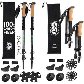 Premium Foldable & Collapsible Trekking Poles by USA Brand – Ultra Strong Lightweight Hiking Poles – 3K Black 100% Carbon Fiber Trekking Poles & Black Premium Foldable Hiking Set with Real Cork Grips