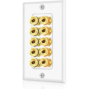 TNP Home Theater Wall Plate - Banana Plug Wall Plate, 5 Speaker Wire Wall Plate with Gold-Plated Terminals, Single Gang Audio Wall Plate, in-Wall Surround Sound Connection Plates, White