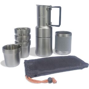 nCamp - Café & Camping Coffee Mugs Bundle, Camping Coffee Pot w/Insulated Cup Set, Portable Coffee Maker + 4-Piece Camping Cups, 304 Stainless Steel Set w/Nylon Drawstring Bag
