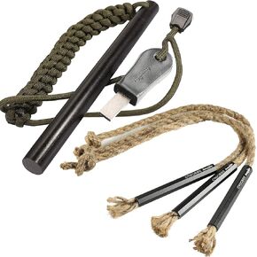 bayite 1/2 x 6 Inch Flint Steel Fire Starter Ferro Rod with Striker and CrocSee Pack of (3) Survival Wick Hemp Cords Tinder