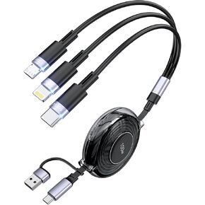 100W 5-in-1 Retractable Charging Cable, Lightning/Micro USB/Type C Multi Charger Cord for iPhones, iPads, MacBook, Tablets, Galaxy, Note & More - 4Ft/1.2M 5A Fast Charging, Durable & Portable, White