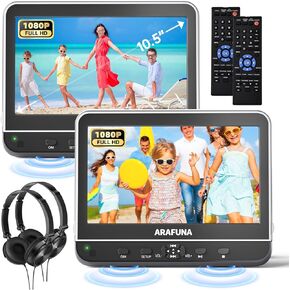 10.5" Dual Portable DVD Player with 1080P HDMI Input, Arafuna Car DVD Player Dual Screen Play A Same or Two Different Movies, Headrest for Car, Support USB/SD, Last Memory