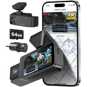 4K 3 قناة DASH CAM ، 2160p+1080p+1080p الأمامية والخلفية داخل كاميرا السيارة ، واي فاي GPS مع بطاقة 64 جيجابايت ، 3 "شاشة تعمل باللمس ، الرؤية الليلية الأشعة تحت الحمراء ، مستشعر G ، WDR ، وضع وقوف السيارات (F3)