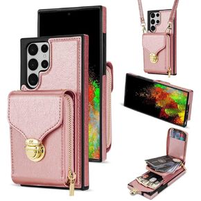 Compatible with Samsung Galaxy S22 Ultra 5G Wallet Case Crossbody Strap Leather Zipper Credit Card Holder Clasp Stand Cell Accessories Phone Cover for S22ultra 22S S 22 S22ultra5g 6.8 Girls Pink