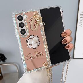 Omio for Galaxy Z Fold 5 5G Mirror Case with Crossbody Lanyard Luxury 3D Sparkle Crystal Diamond Bling Glitter Cute Slim Makeup Hard PC Phone Cover for Women Girls, Gold