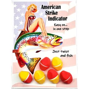 American Strike Indicator - Fly Fishing Float. All One Piece - Zero Parts to Drop and Lose. Insert line, Twist and Fish. Aerodynamic for smooth casts. Finger-Grips. Red and Yellow Color - 6 pack
