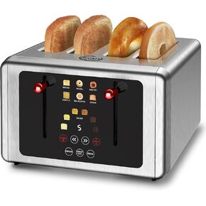 4 Slice Toaster, Touchscreen & Dual Independent Control Panel，5 Basic Functions & Digital Countdown Toasters, 6 Shade Settings＆6 Bread Types, Smart Bread Toaster Mute/Screen-Off,Rose