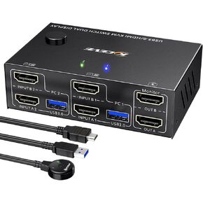 USB 3.0 HDMI KVM Switch 2 Monitors 2 Computers 4K@60Hz 2K@144Hz, EDID Emulator, Camgeet Dual Monitor KVM Switch for 2 Computers Share 2 Displays and 4 USB 3.0 Ports,Wired Remote and Cables Included