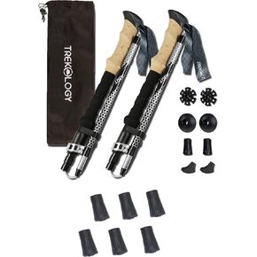 TREKOLOGY TREK-Z (Black 100-120cm) Trekking Hiking Poles / 6 pc Replacement Rubber Tips - Collapsible Folding Walking Sticks,Adjustable Quick Flip-Lock, Foldable Trekking Poles for Hiking.