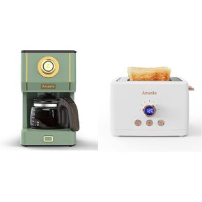 Amaste Retro Coffee Maker & Toaster Set- Matcha Green & Elegant White with Rose Gold