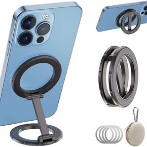 for Magsafe Double-Ring Magnetic Phone Holder Grip Compatible with iPhone ipad Kindle Most Phones,Magnetic Phone Stand for Desk Gym Car Kitchen,Contains Silicone Storage Bag and 4 Metal Rings (Black)